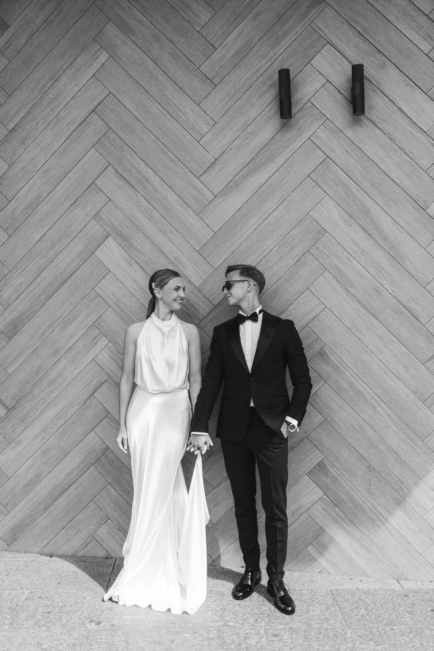 Wedding couple portrait in an editorial black and white style